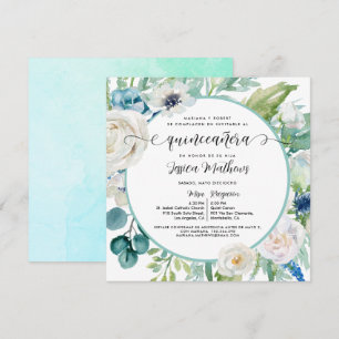 Elegant Aqua Turquoise Quinceanera Floral Invitation