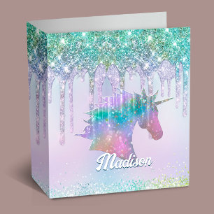 Elegant aqua Unicorn Glitter Drips monogram 3 Ring Binder