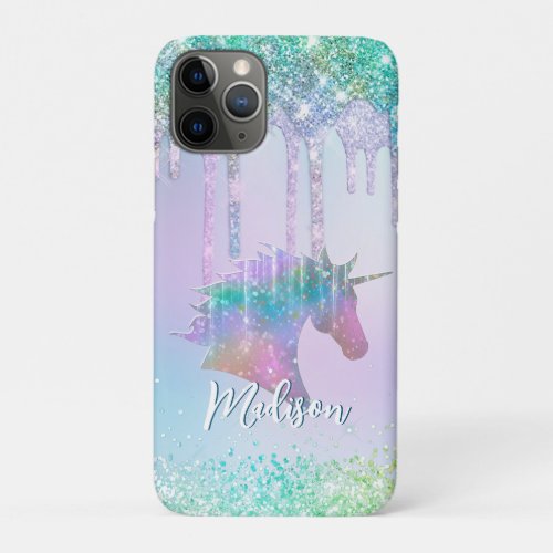 Elegant aqua Unicorn Glitter Drips monogram iPhone 11 Pro Case