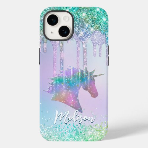 Elegant aqua Unicorn Glitter Drips monogram Case_Mate iPhone 14 Case