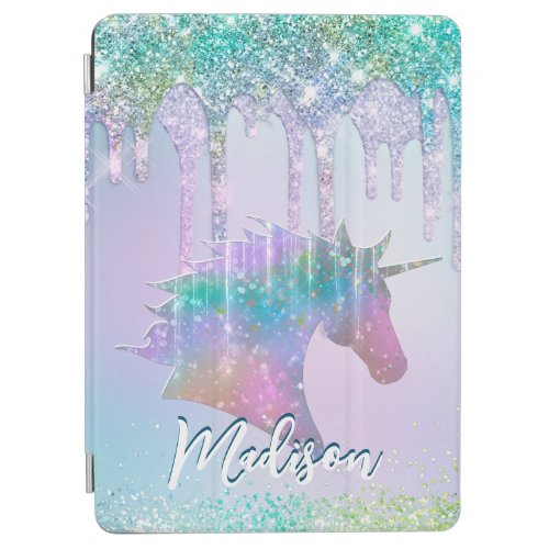 Elegant aqua Unicorn Glitter Drips monogram iPad Air Cover