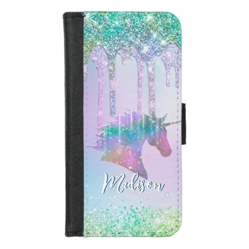 Elegant aqua Unicorn Glitter Drips monogram iPhone 87 Wallet Case
