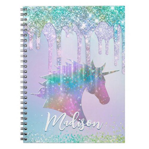 Elegant aqua Unicorn Glitter Drips monogram Notebook