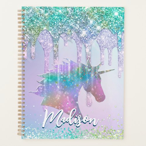 Elegant aqua Unicorn Glitter Drips monogram Planner