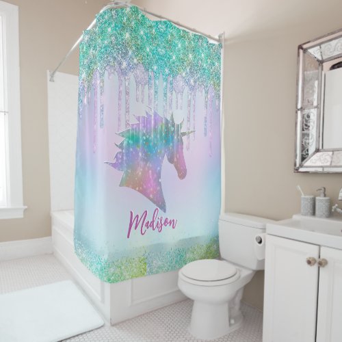 Elegant aqua Unicorn Glitter Drips monogram Shower Curtain