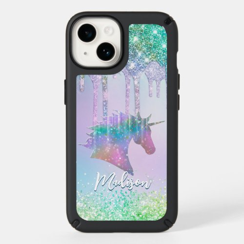 Elegant aqua Unicorn Glitter Drips monogram Speck iPhone 14 Case
