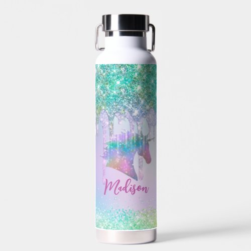 Elegant aqua Unicorn Glitter Drips monogram Water Bottle