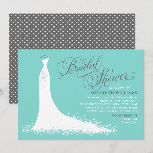 Elegant Aqua Wedding Gown Bridal Shower Invitation (Front/Back)