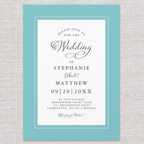 Elegant Aqua  White Wedding Modern Calligraphy Invitation