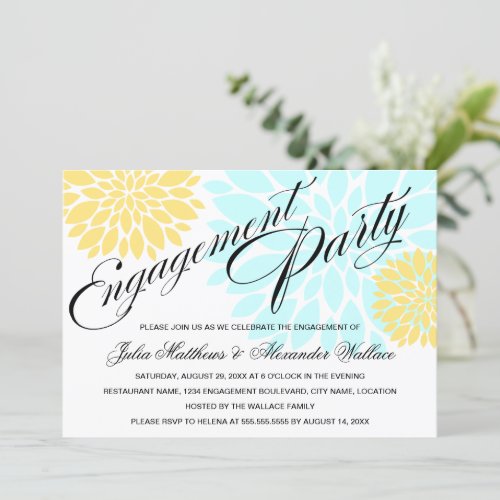 Elegant Aqua Yellow Floral Burst Engagement Party Invites