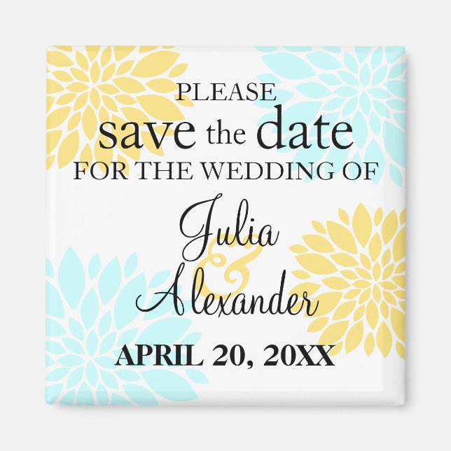 Elegant Aqua Yellow Floral Burst Save The Date Magnet (Front)