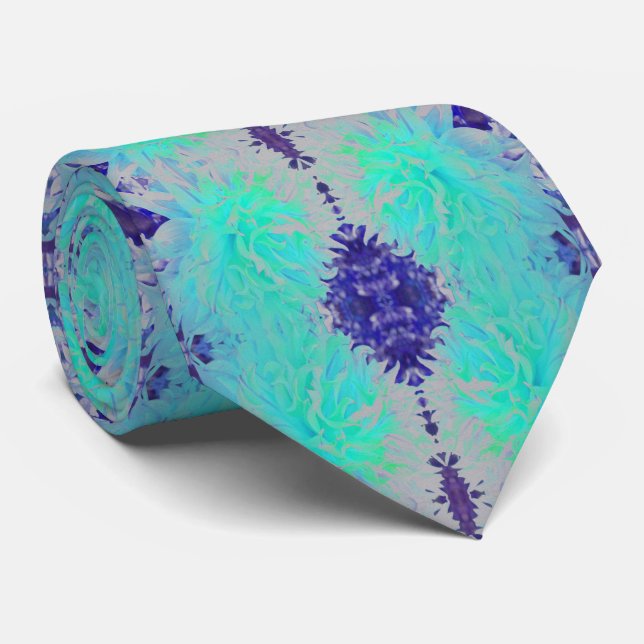 Elegant Aquamarine Green and Blue Dahlia Flower Neck Tie (Rolled)