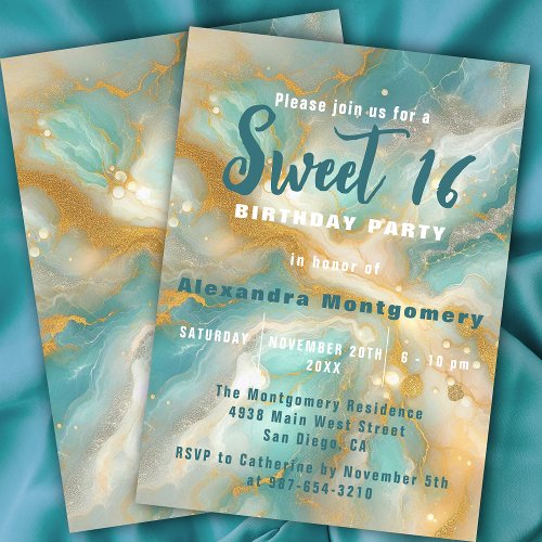 Elegant Aquamarine Marble Gold Glitter Sweet 16 Invitation