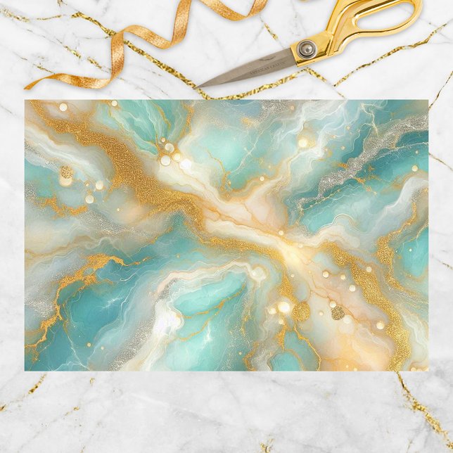 Elegant Aquamarine Marble with Gold Glitter Veins Tissue Paper (Creator Uploaded)