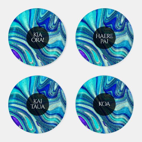 Elegant Aquamarine Paua Rainbow Shell Inspired Coaster Set