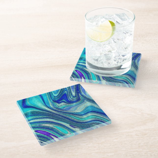 Elegant Aquamarine Paua Rainbow Shell Inspired Glass Coaster (Angled)