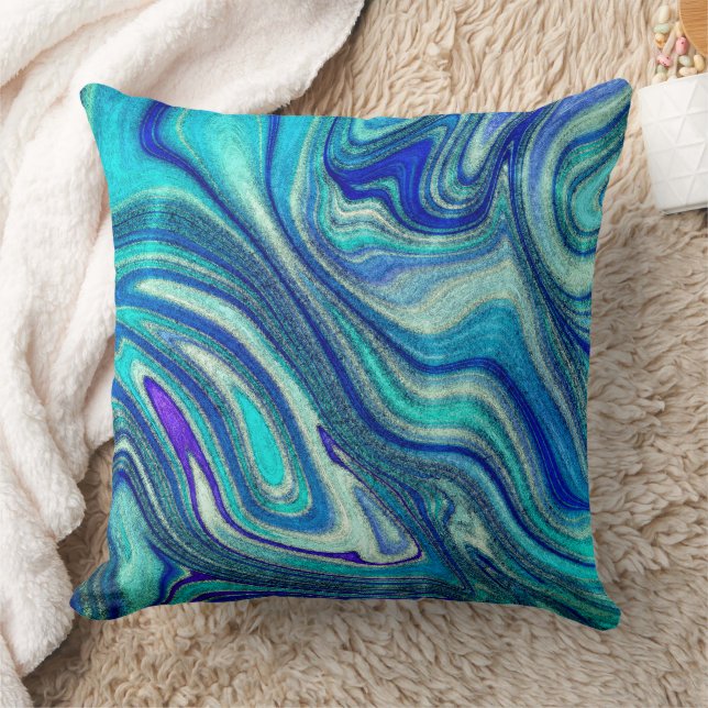 Elegant Aquamarine Paua Rainbow Shell Inspired Throw Pillow (Blanket)