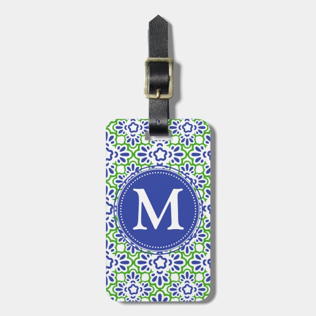 Elegant Arabesque Damask Blue & Green Personalized Luggage Tag (Front Vertical)