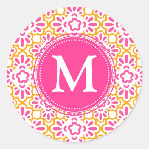 Elegant Arabesque Damask Hot Pink Personalized Classic Round Sticker