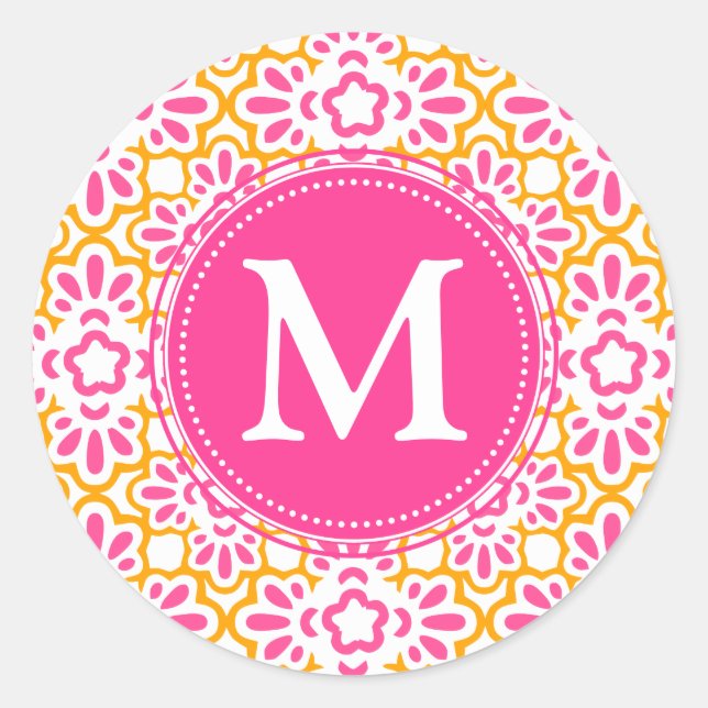 Elegant Arabesque Damask Hot Pink Personalized Classic Round Sticker (Front)