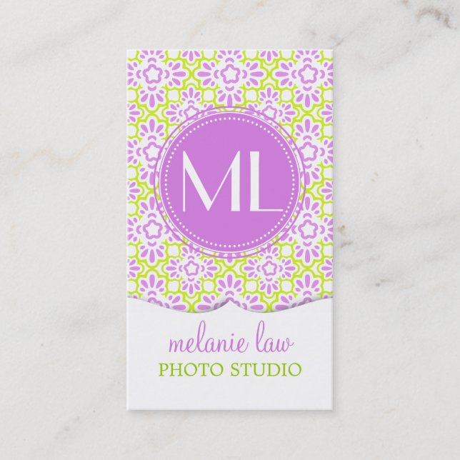 Elegant Arabesque Damask Lilac Purple Personalized Business Card (Front)