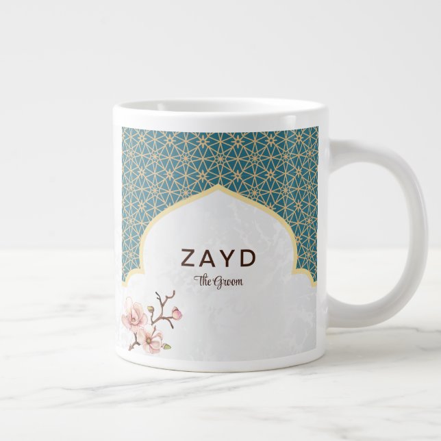 Elegant Arabesque Wedding Mug | Deep Teal & Gold  (Right)