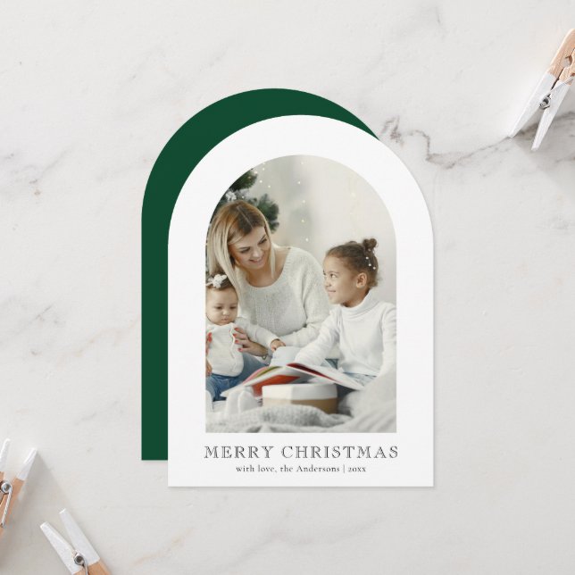 Elegant Arch 1 Photo Green Christmas Holiday Card (Front/Back In Situ)