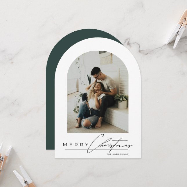 Elegant Arch 1 Photo Green Christmas Holiday Card (Front/Back In Situ)