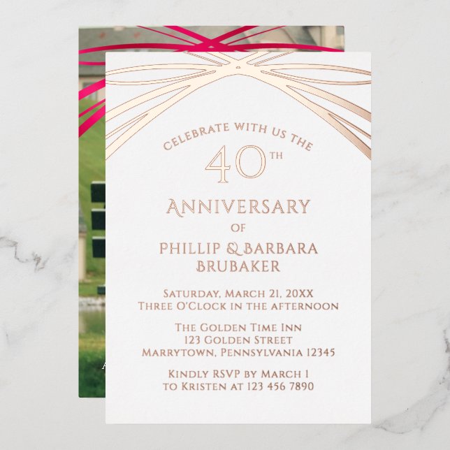 Elegant Arch Add Photo 40th Wedding Anniversary Foil Invitation (Front/Back)