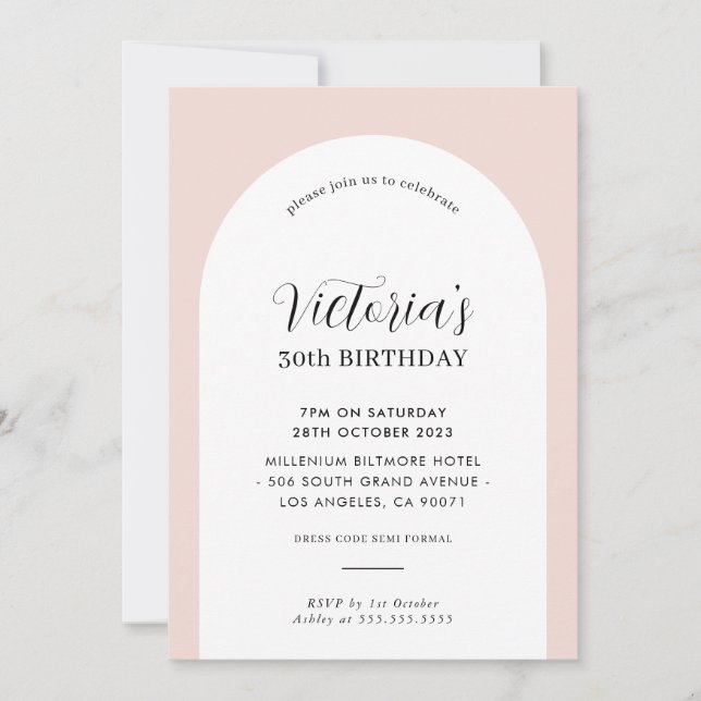 ELEGANT ARCH birthday chic modern blush pink black Invitation (Front)