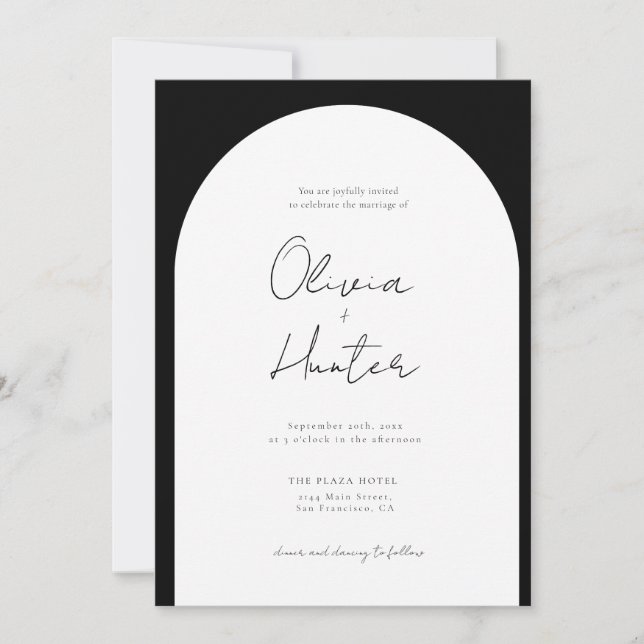 Elegant Arch Black and White Wedding Invitation (Front)