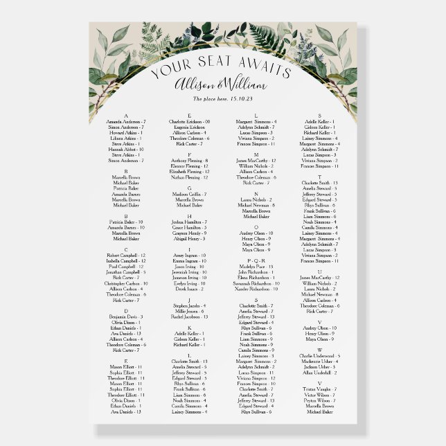 Elegant Arch Botanic Leaves Alphabetical seating  Foam Board (Front)