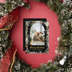 Elegant Arch Botanical Greenery & Photo Christmas Foil Holiday Card