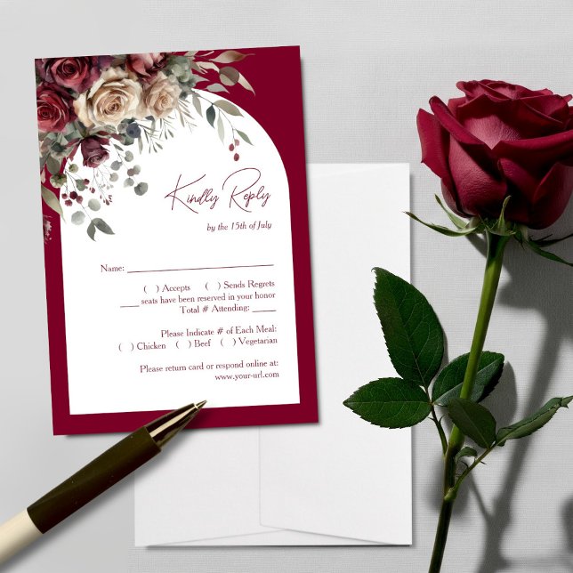 Elegant Arch Burgundy & Cream Roses Wedding RSVP Card (Creator Uploaded)