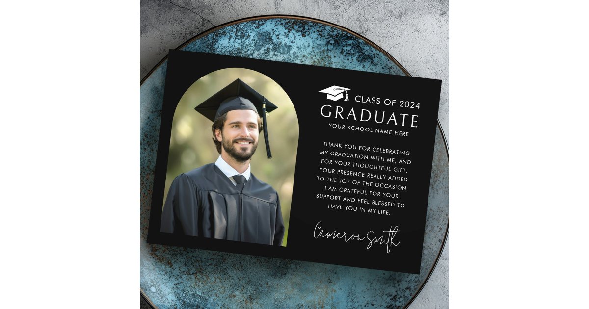 Elegant arch classic photo cap graduation black thank you card | Zazzle