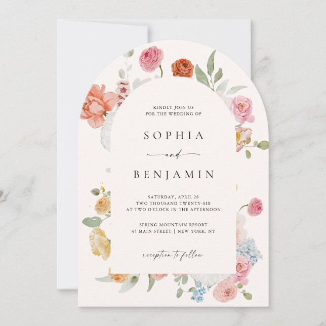 Elegant Arch Colorful Spring Flowers Wedding Invitation (Front)
