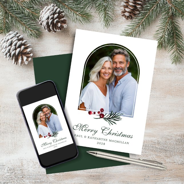 Elegant Arch Dark Green Botanical Holiday Photo (Elegant Arch Dark Green Botanical Holiday Photo Card)