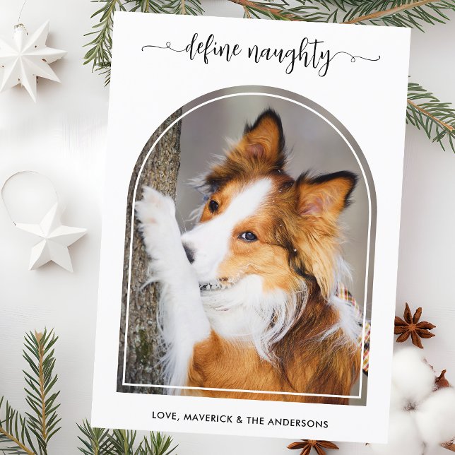 Elegant Arch Define Naughty Christmas Pet Photo Holiday Card (Creator Uploaded)