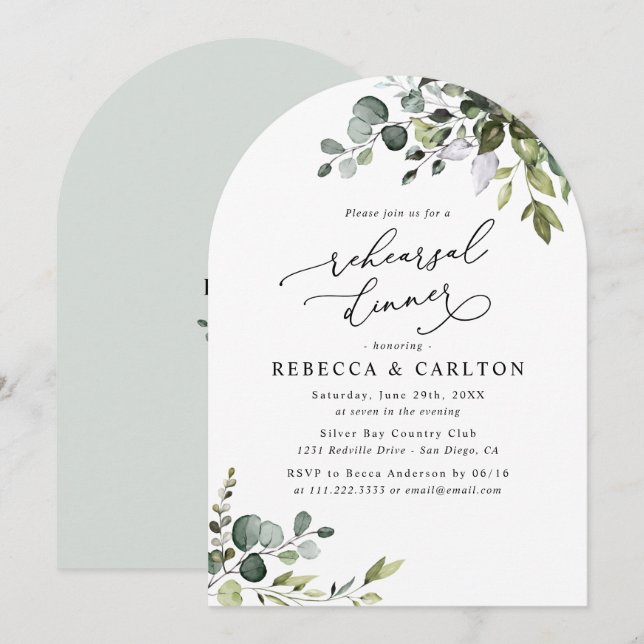 Elegant Arch Eucalyptus Greenery Rehearsal Dinner Invitation (Front/Back)