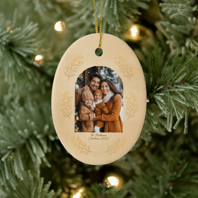 Elegant Arch Family Photo and Leaves Christmas Ceramic Ornament (Tree)