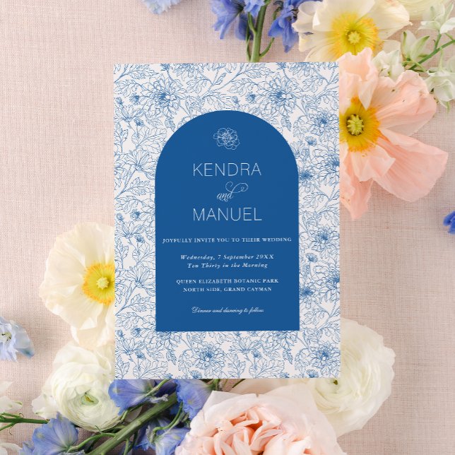 Elegant Arch Floral Toile French Blue Wedding Invitation (Creator Uploaded)