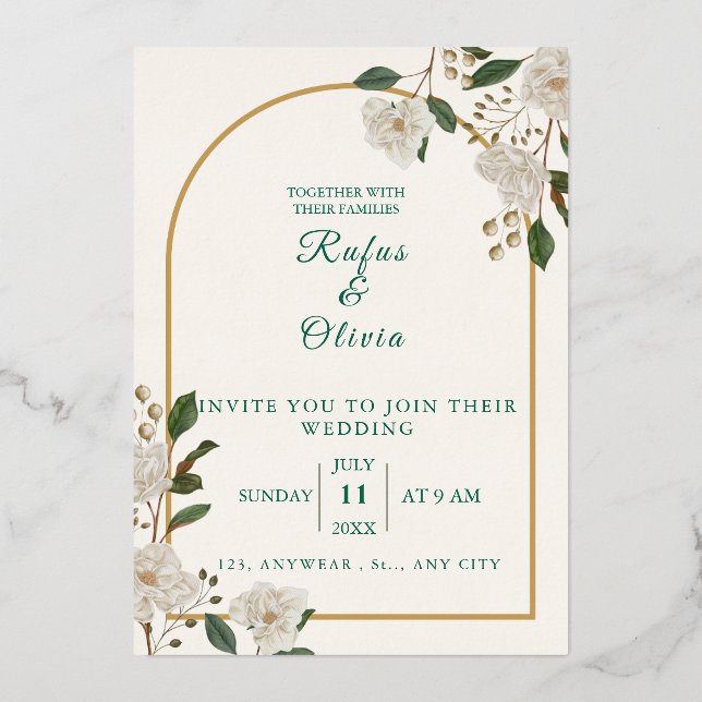 Elegant Arch Floral Wedding Invitation | rustic  Foil Invitation (Front)