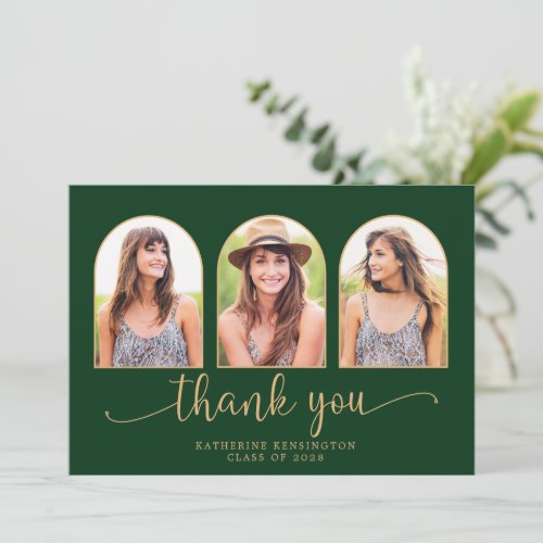 Elegant Arch Forest Green Gold 3 Photo Graduation Thank You Card