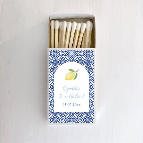 Elegant Arch Frame Amalfi Lemons Blue Tile Wedding Matchboxes