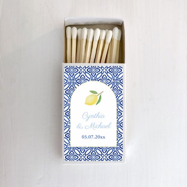 Elegant Arch Frame Amalfi Lemons Blue Tile Wedding Matchboxes (Elegant arch with single lemon and vintage blue and white Italian tile detail wedding matches)
