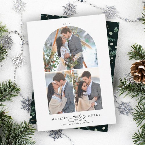 Elegant Arch Frame Married and Merry 3 Photo  Holiday Card