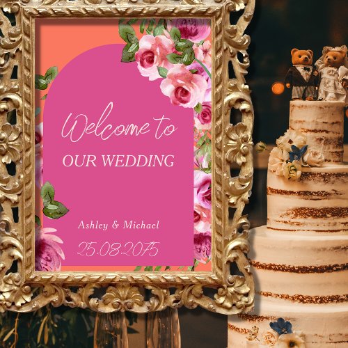 Elegant Arch Frame Pink and Orange Floral Wedding Poster