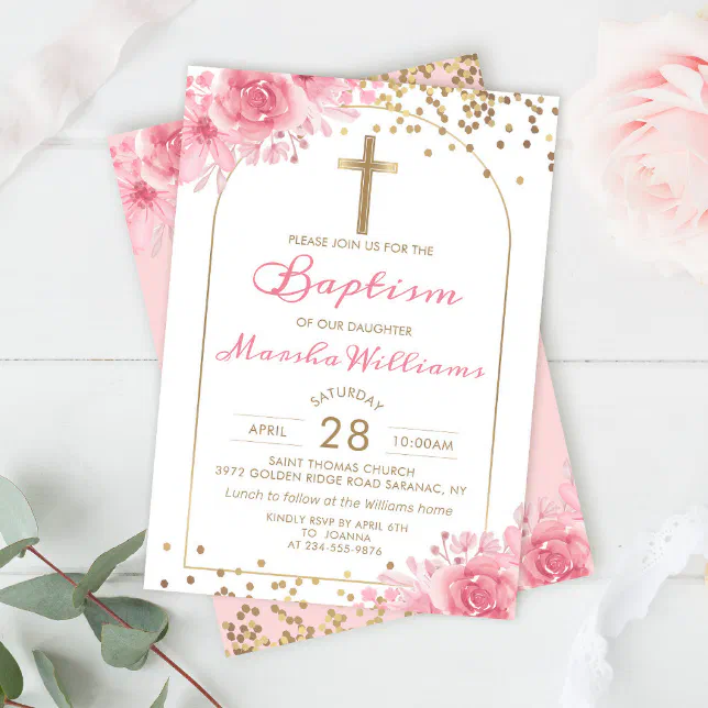 Elegant Arch Gold Glitter Pink Floral Girl Baptism Invitation | Zazzle
