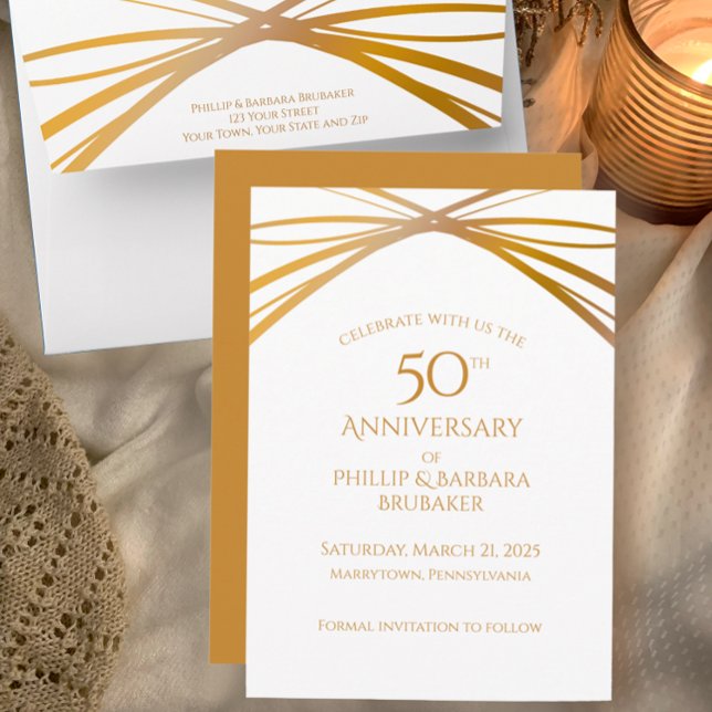 Elegant Arch Golden 50th Anniversary Save the Date (Customize this unique modern elegant 50th wedding anniversary golden save the date party invitation )