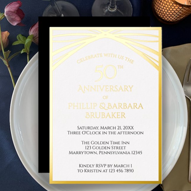 Elegant Arch Golden 50th Wedding Anniversary Party Foil Invitation (Easily customize this 50th anniversary party invitation template. Gold foil, unique modern elegant.
)